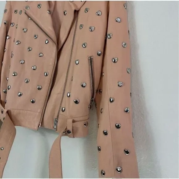 Lovers + friends pink studded heart moto leather jacket size S - Picture 7 of 16